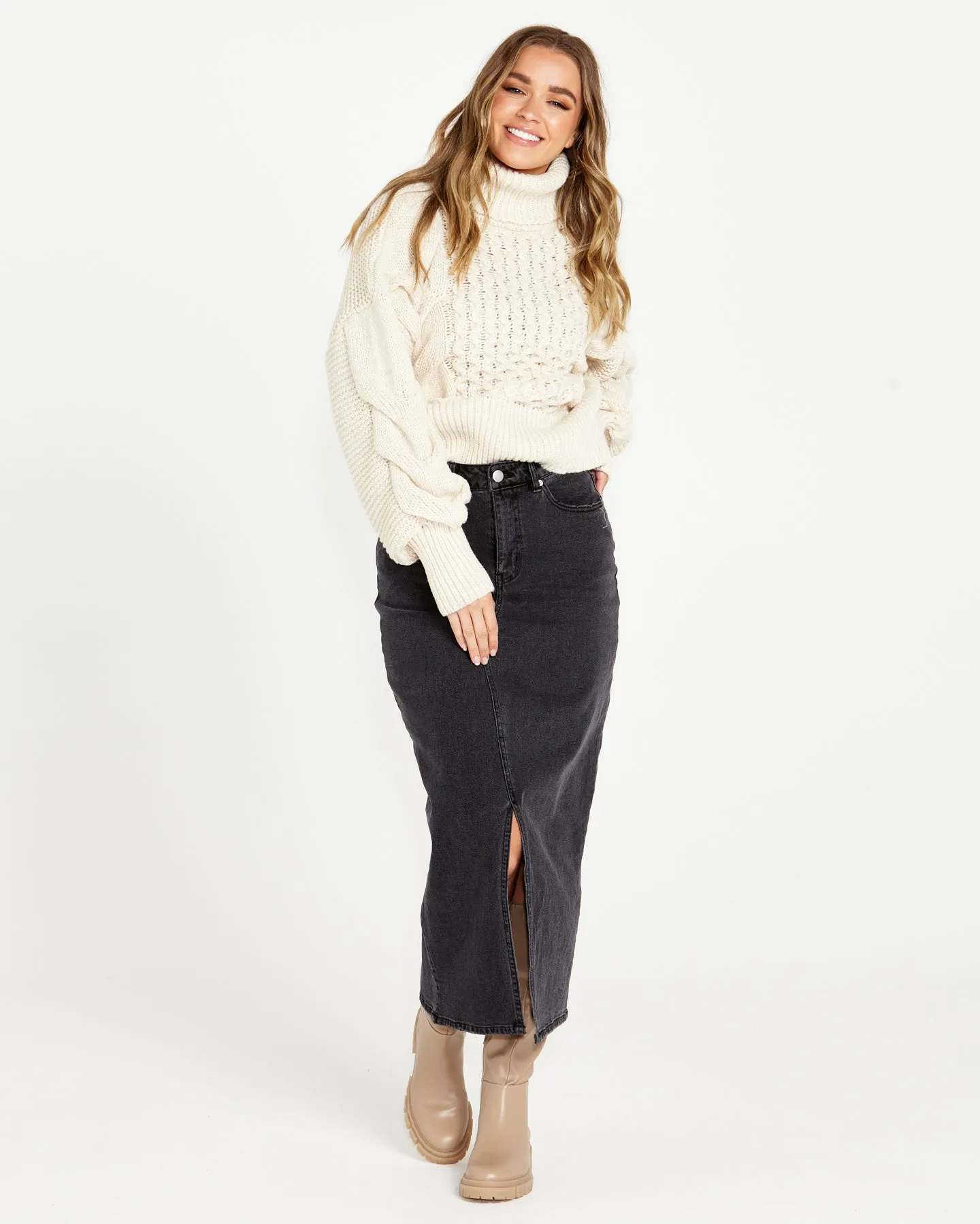 Renn Cable Balloon Sleeve Chunky Knit - Cream