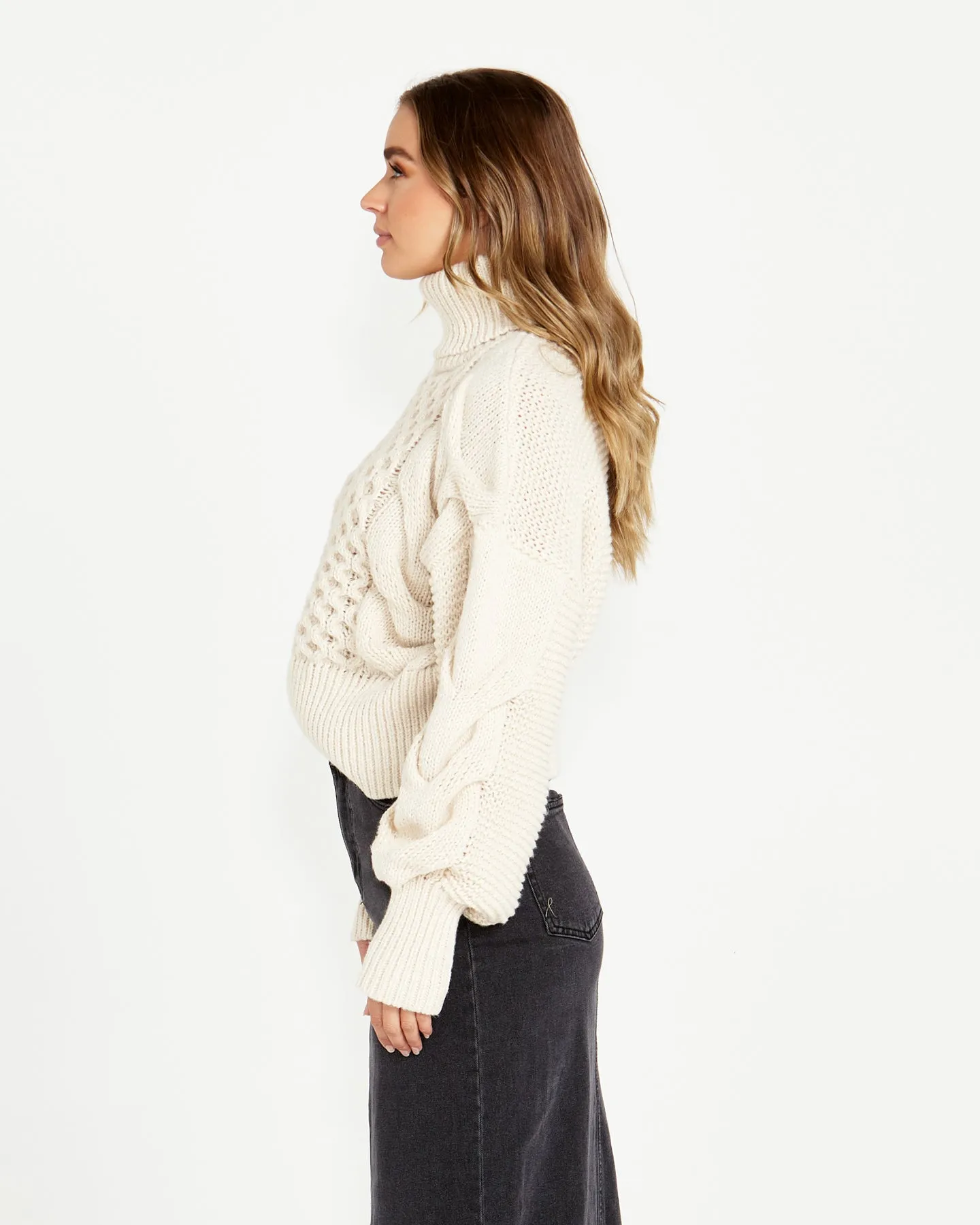 Renn Cable Balloon Sleeve Chunky Knit - Cream