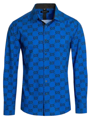 Royal Blue Men Fashion Design GG Printed Long Sleeves Dress Shirt