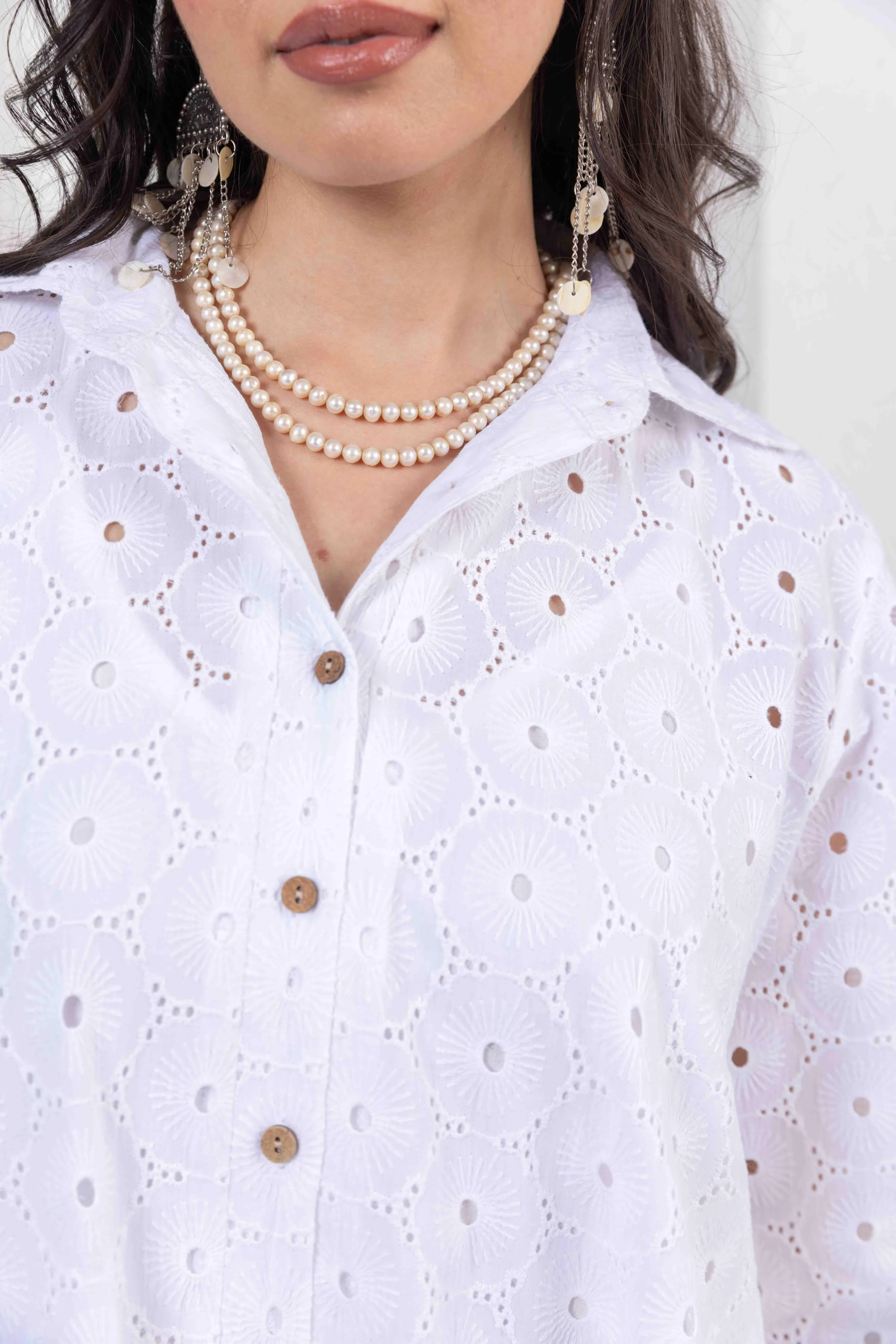 Schiffli Shirt Dress -White