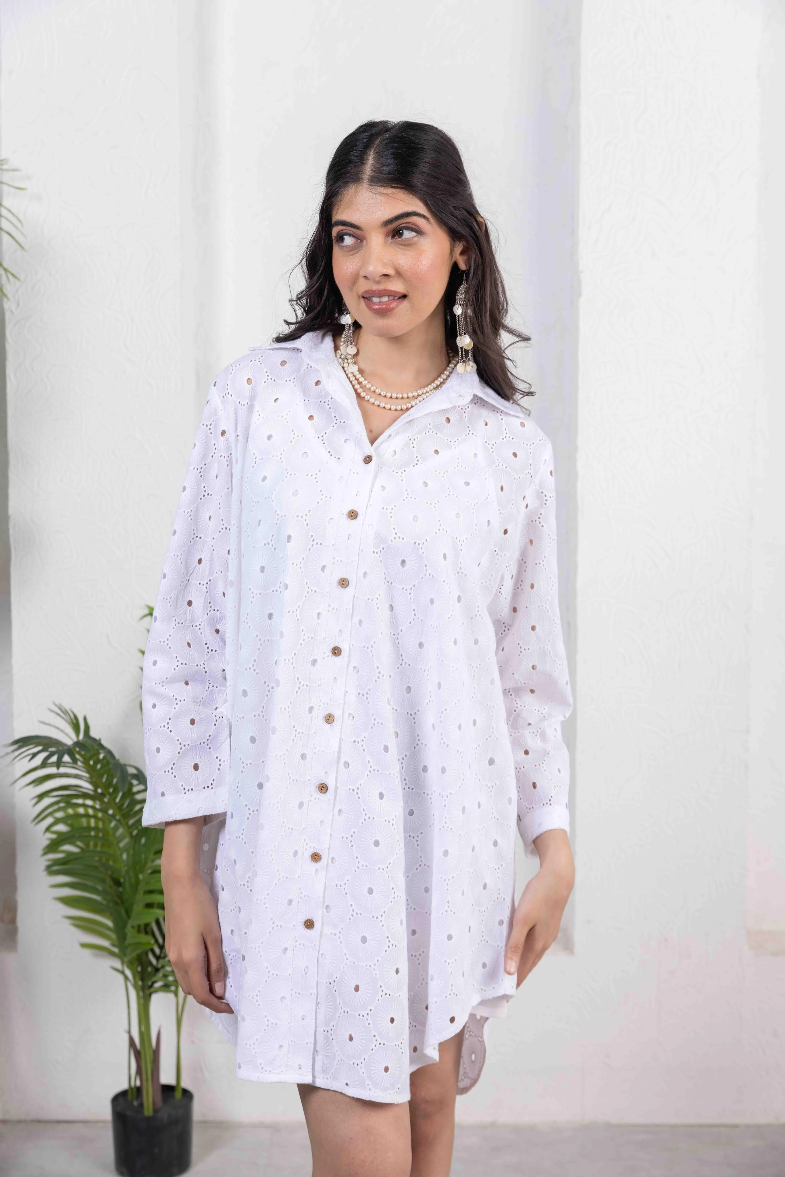 Schiffli Shirt Dress -White