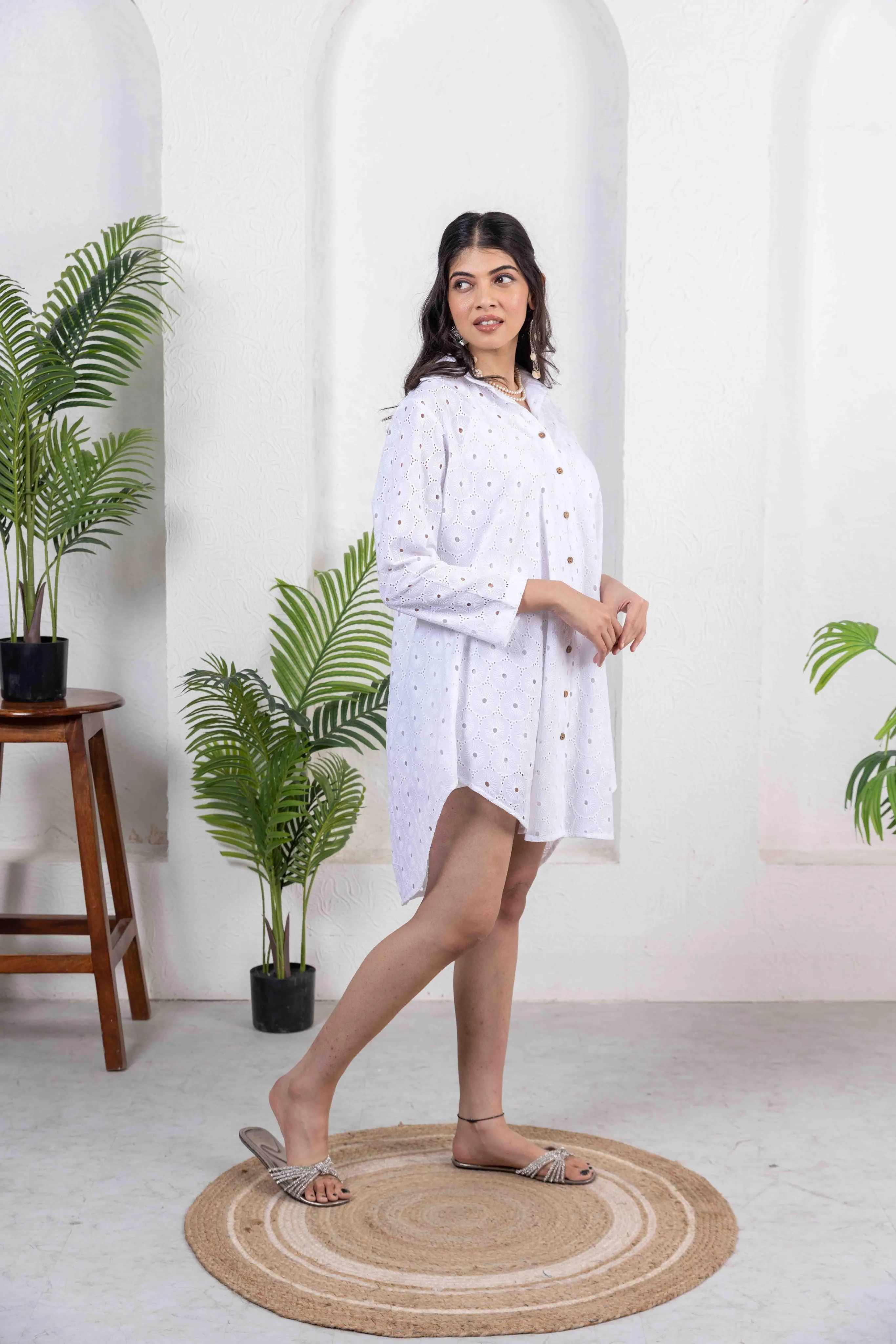 Schiffli Shirt Dress -White