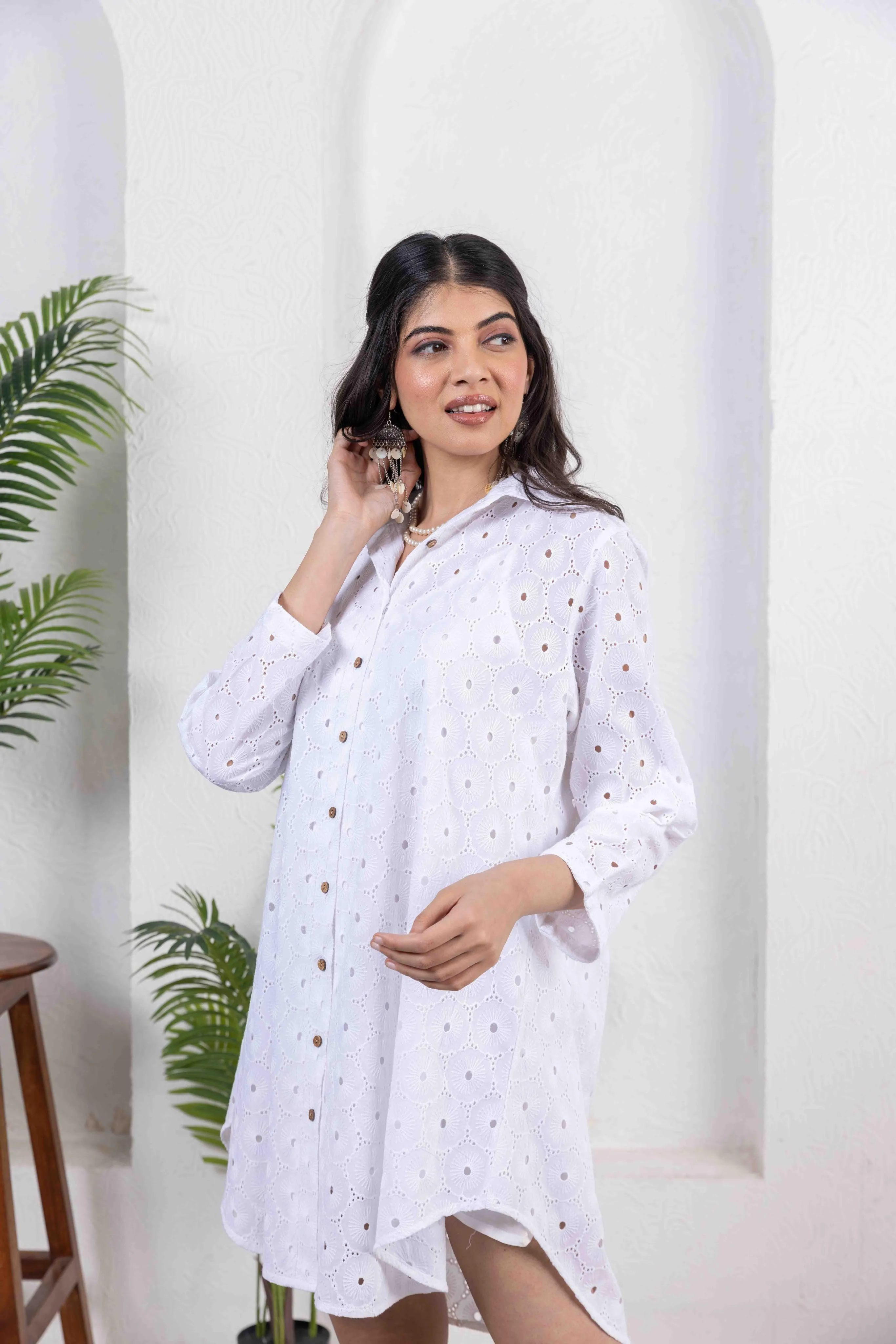 Schiffli Shirt Dress -White