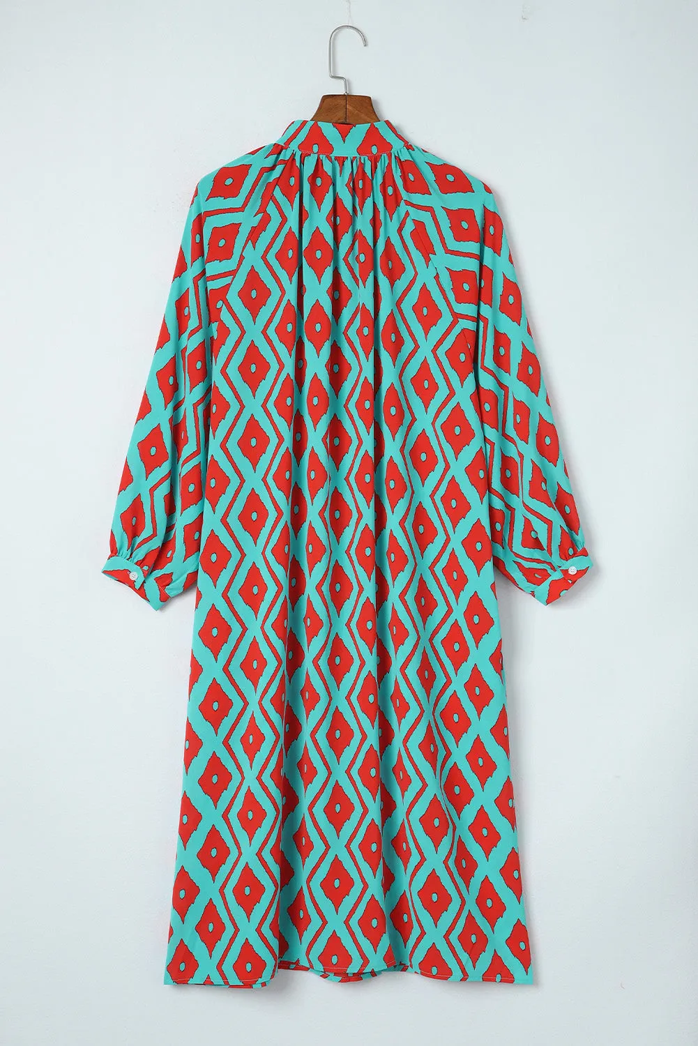 Sky Blue Geometric Print Split Neck Loose Shirt Dress