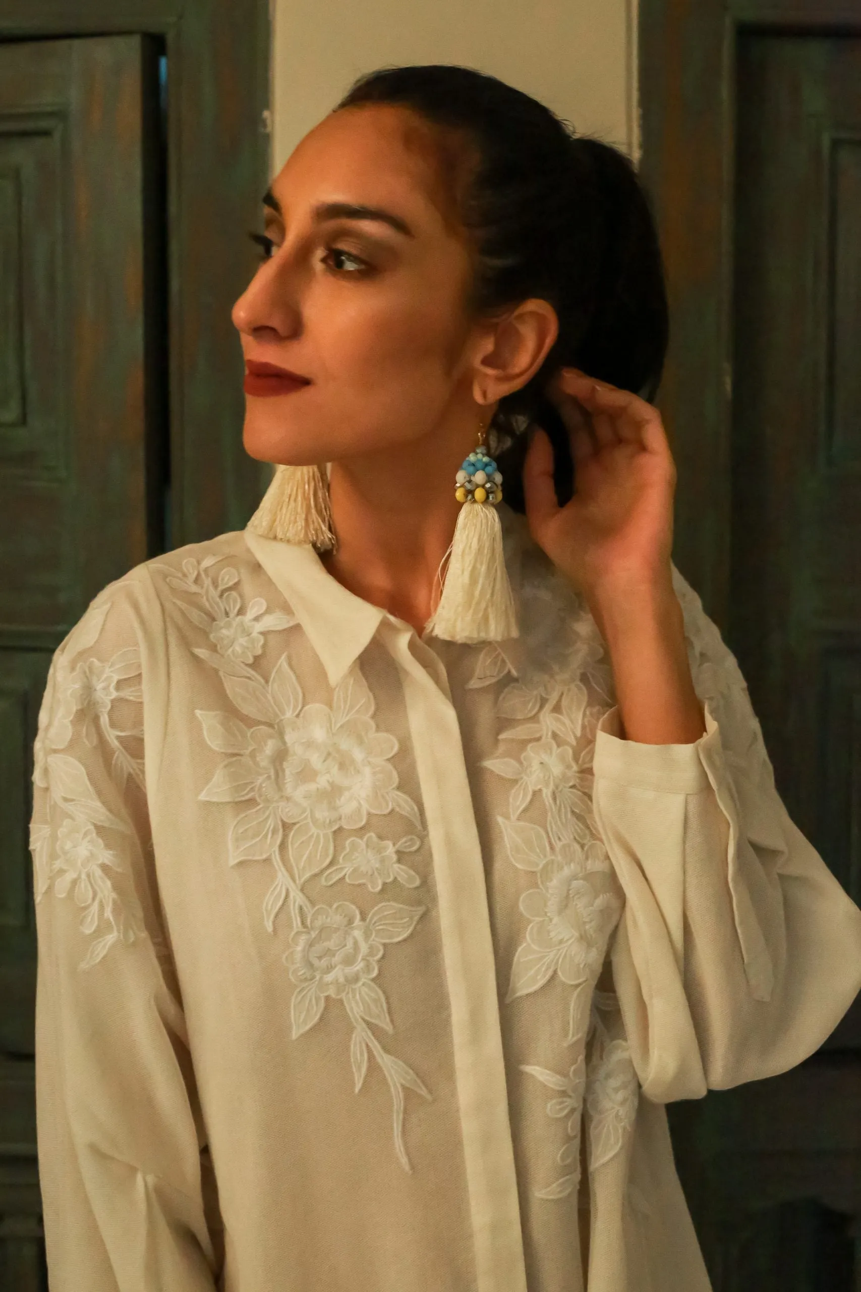 Stunning Embroidered Ivory White Patchwork Shirt Dress