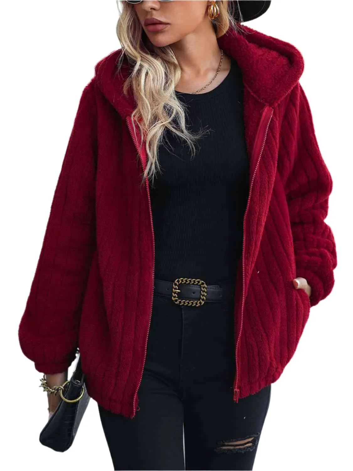 TEEK - Wine Red Zip-Up Hooded Jacket