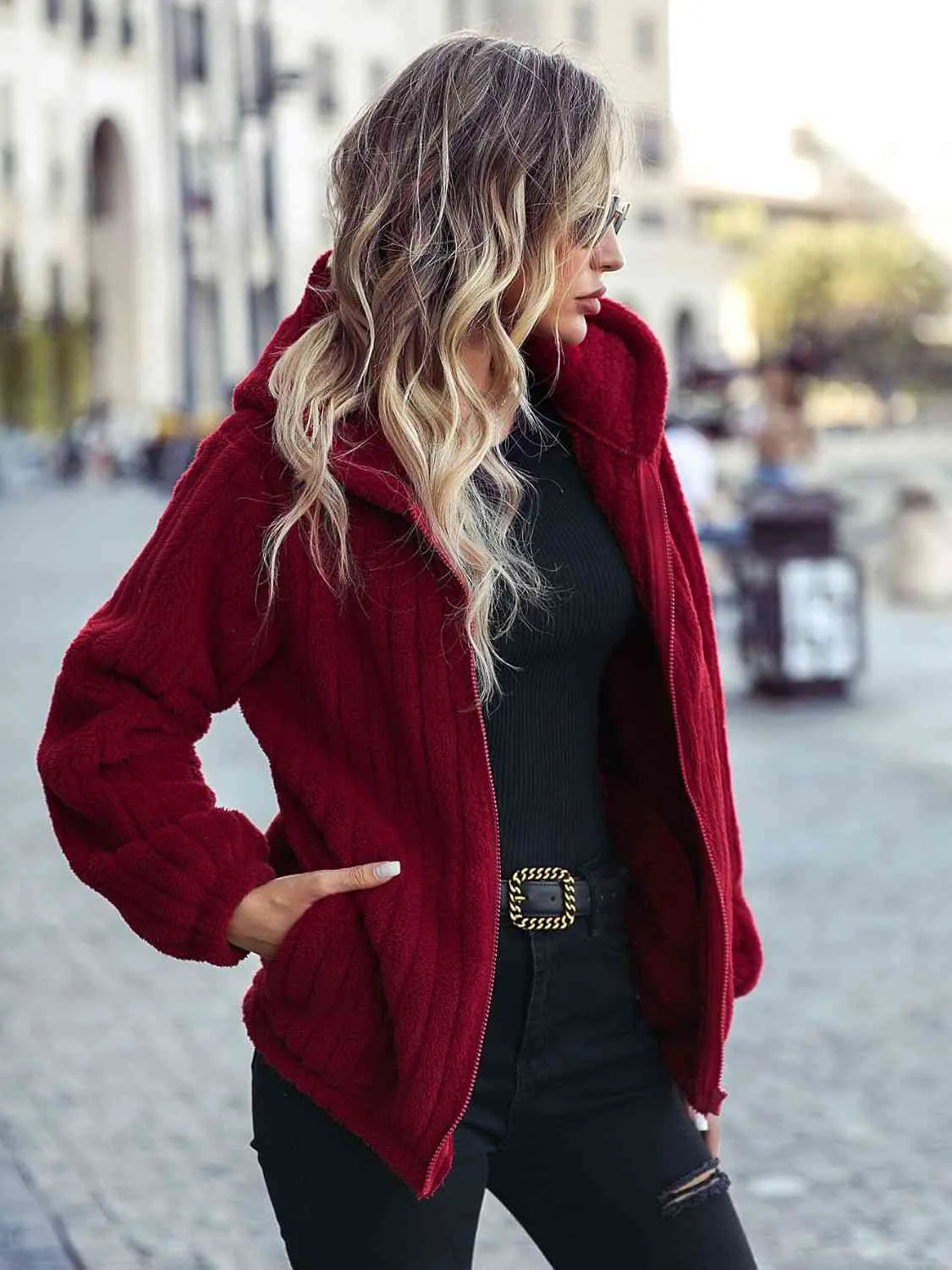 TEEK - Wine Red Zip-Up Hooded Jacket