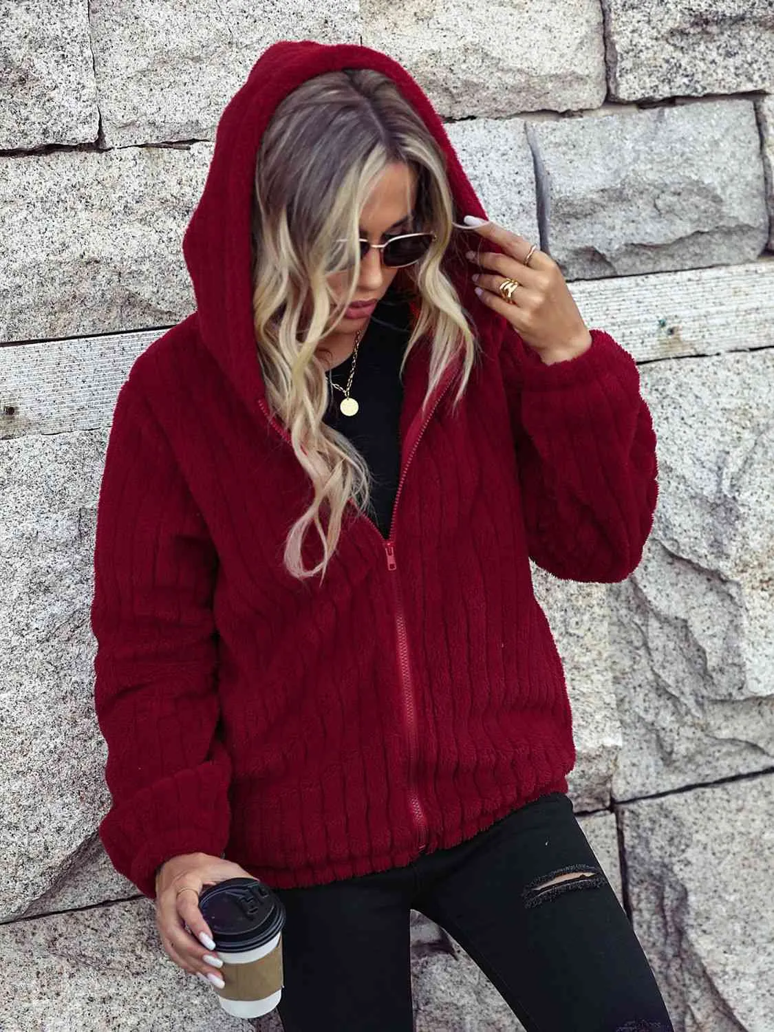 TEEK - Wine Red Zip-Up Hooded Jacket