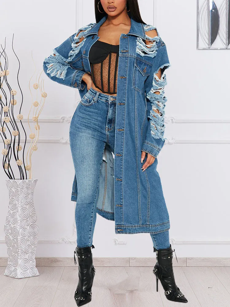 Toleet-Winter and Autumn Outfits Christmas/Thanksgiving_Distressed Charming Denim Coat