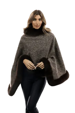 Tweed Poncho with Fur Trim - Brown