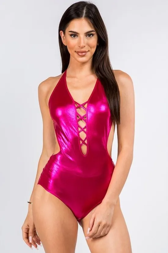 “Vibrant tang” lace up halter bodysuit bikini