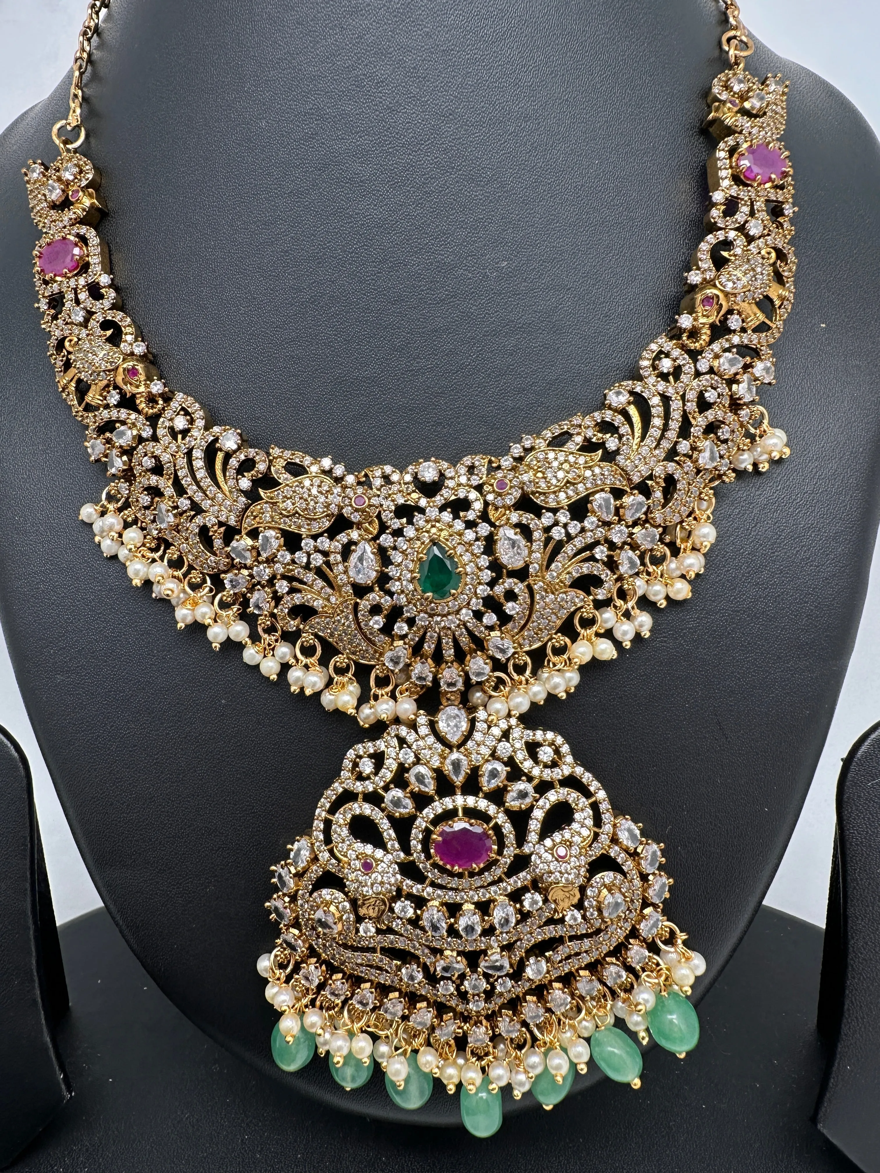 Victorian Mehndi Finish AD Polki Green Stone Green Beads Short Neckline Necklace