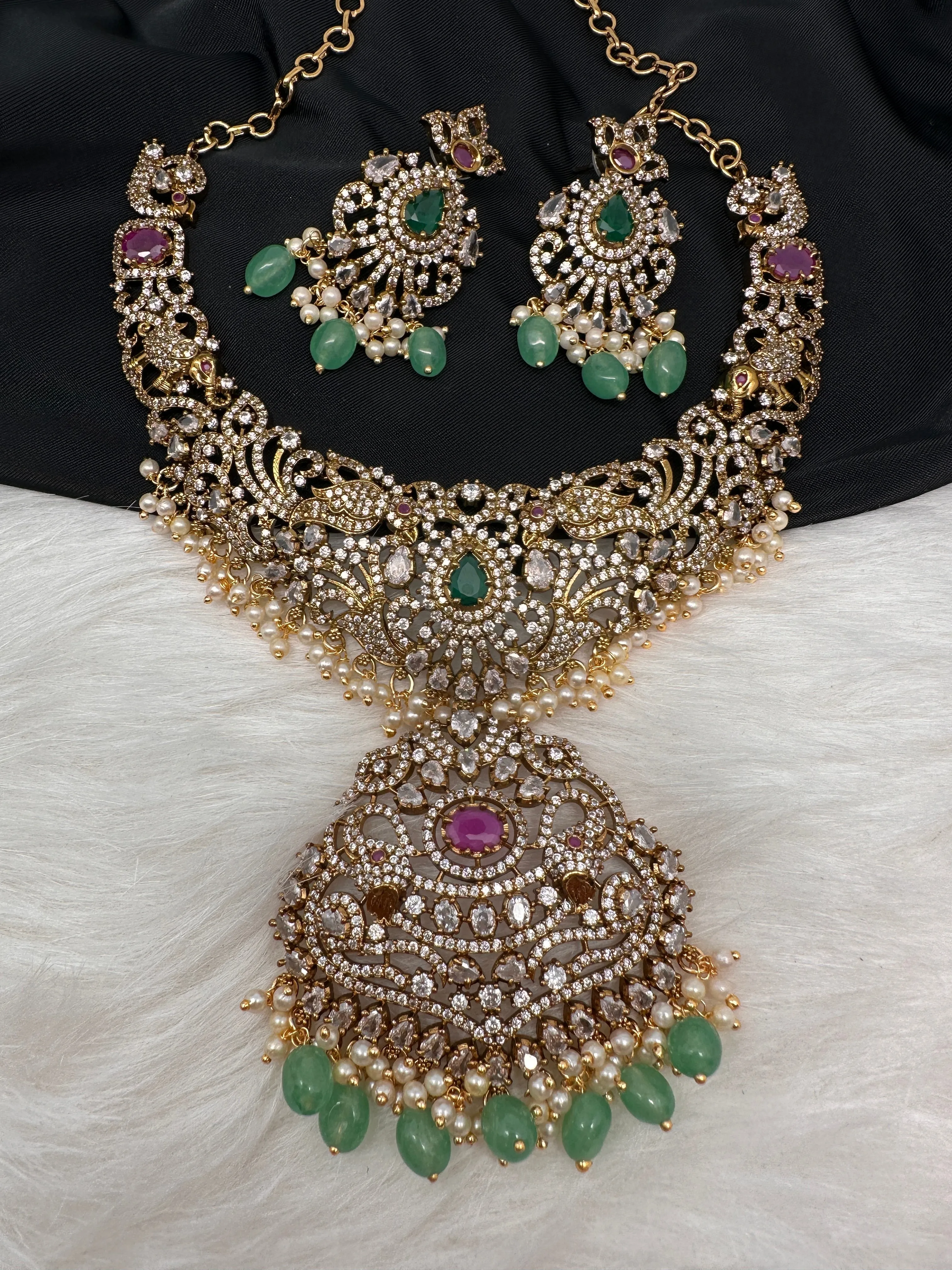 Victorian Mehndi Finish AD Polki Green Stone Green Beads Short Neckline Necklace