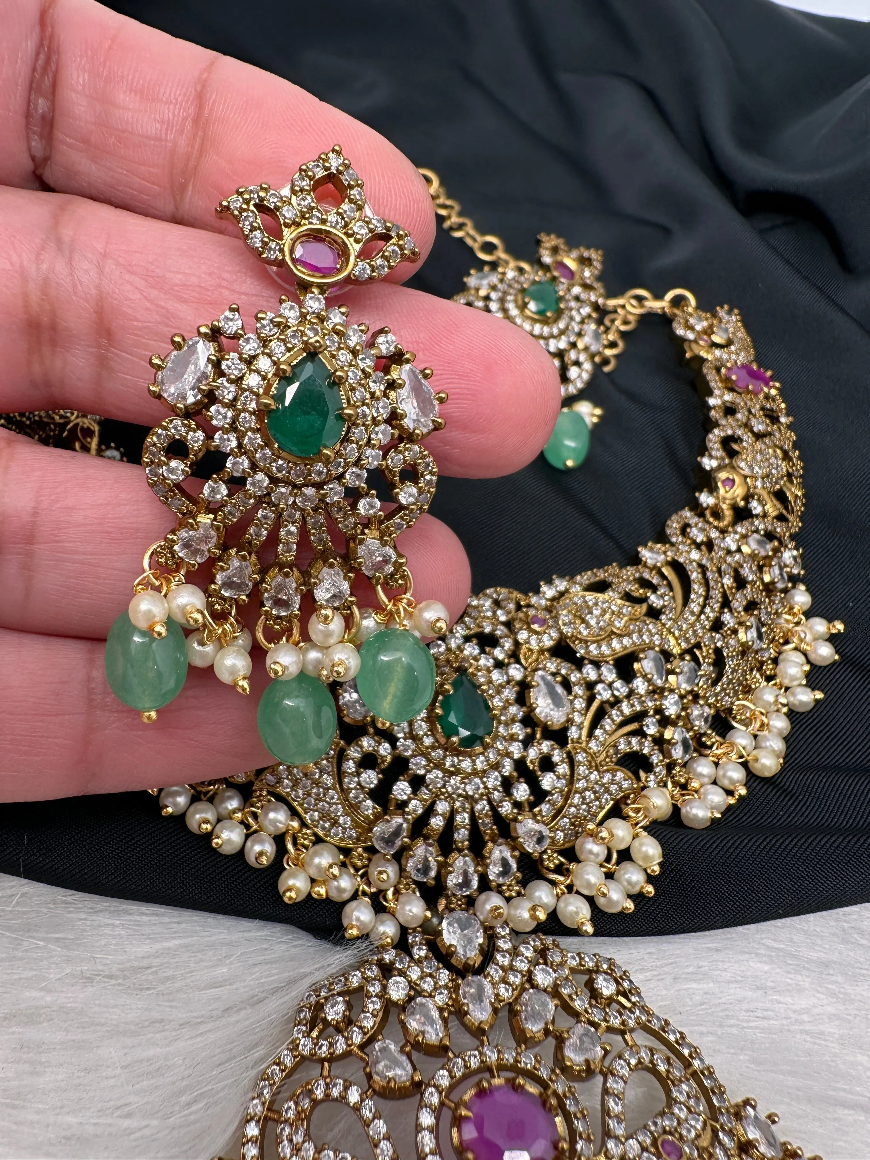 Victorian Mehndi Finish AD Polki Green Stone Green Beads Short Neckline Necklace