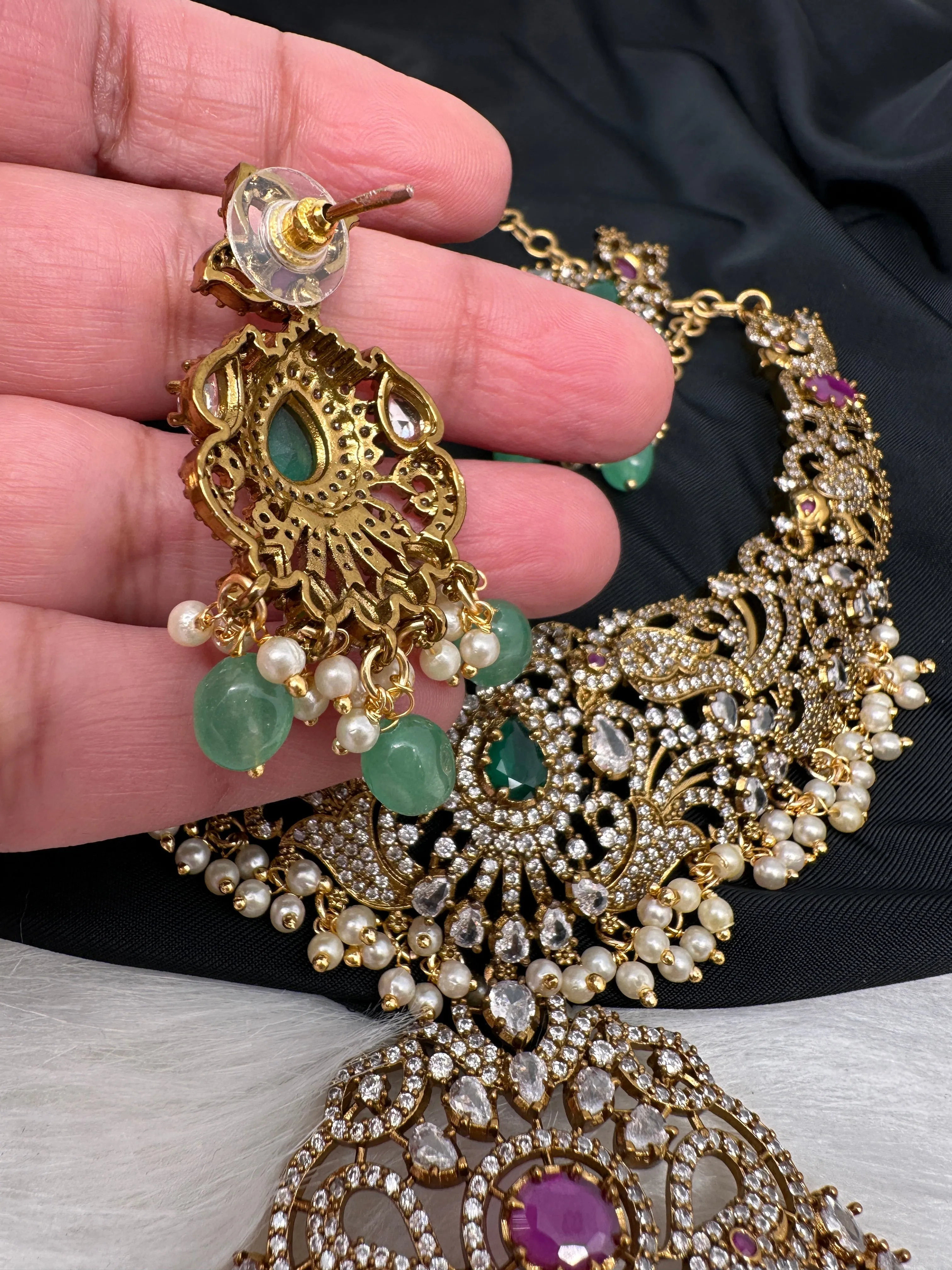 Victorian Mehndi Finish AD Polki Green Stone Green Beads Short Neckline Necklace
