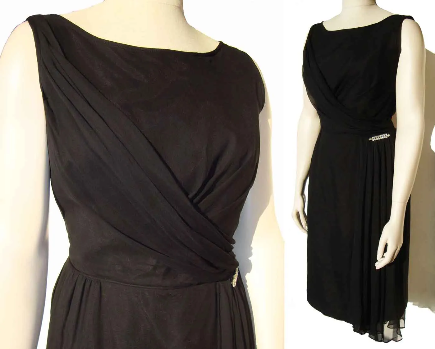 Vintage 60s Cocktail Dress Black Chiffon Evening LBD – M