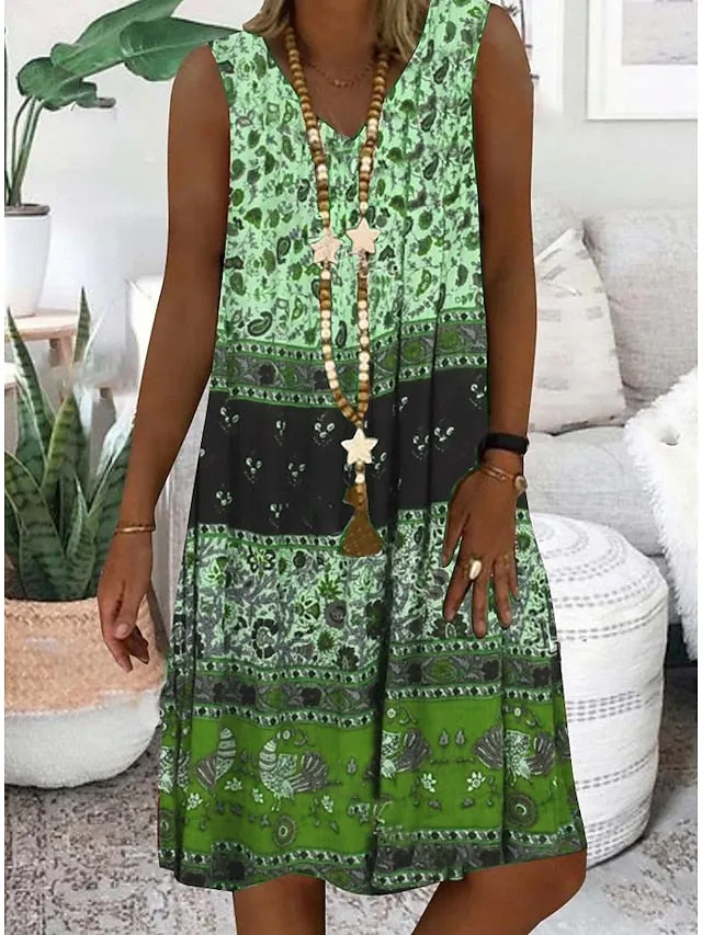 Women's Casual Dress Ethnic Dress Tank Dress Midi Dress Yellow Purple Green Sleeveless Color Block Cold Shoulder Summer Spring V Neck Fashion Vacation 2023 S M L XL XXL 3XL