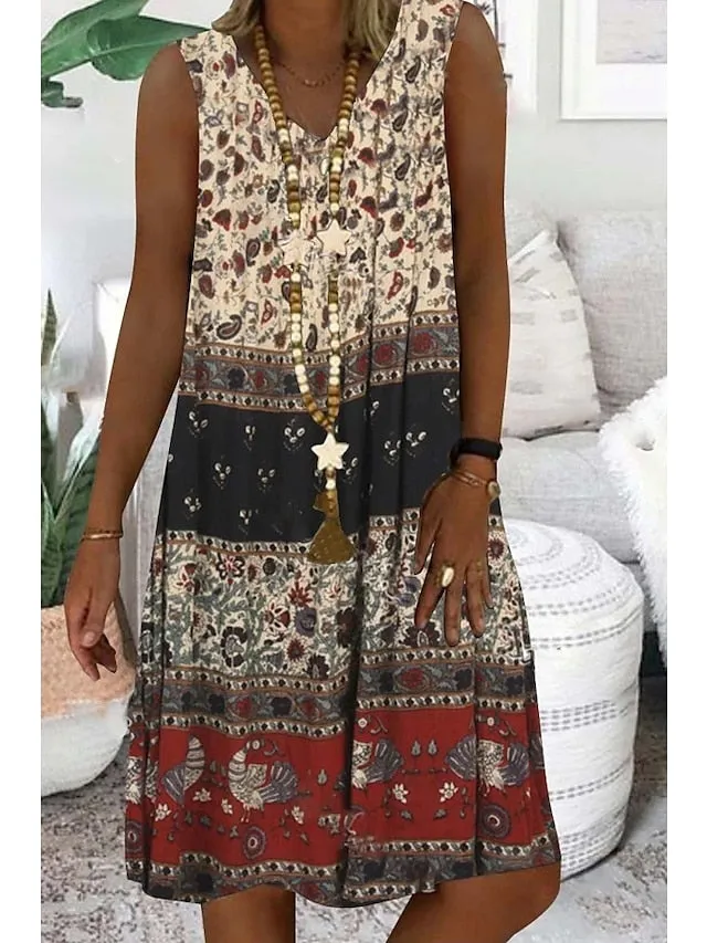 Women's Casual Dress Ethnic Dress Tank Dress Midi Dress Yellow Purple Green Sleeveless Color Block Cold Shoulder Summer Spring V Neck Fashion Vacation 2023 S M L XL XXL 3XL