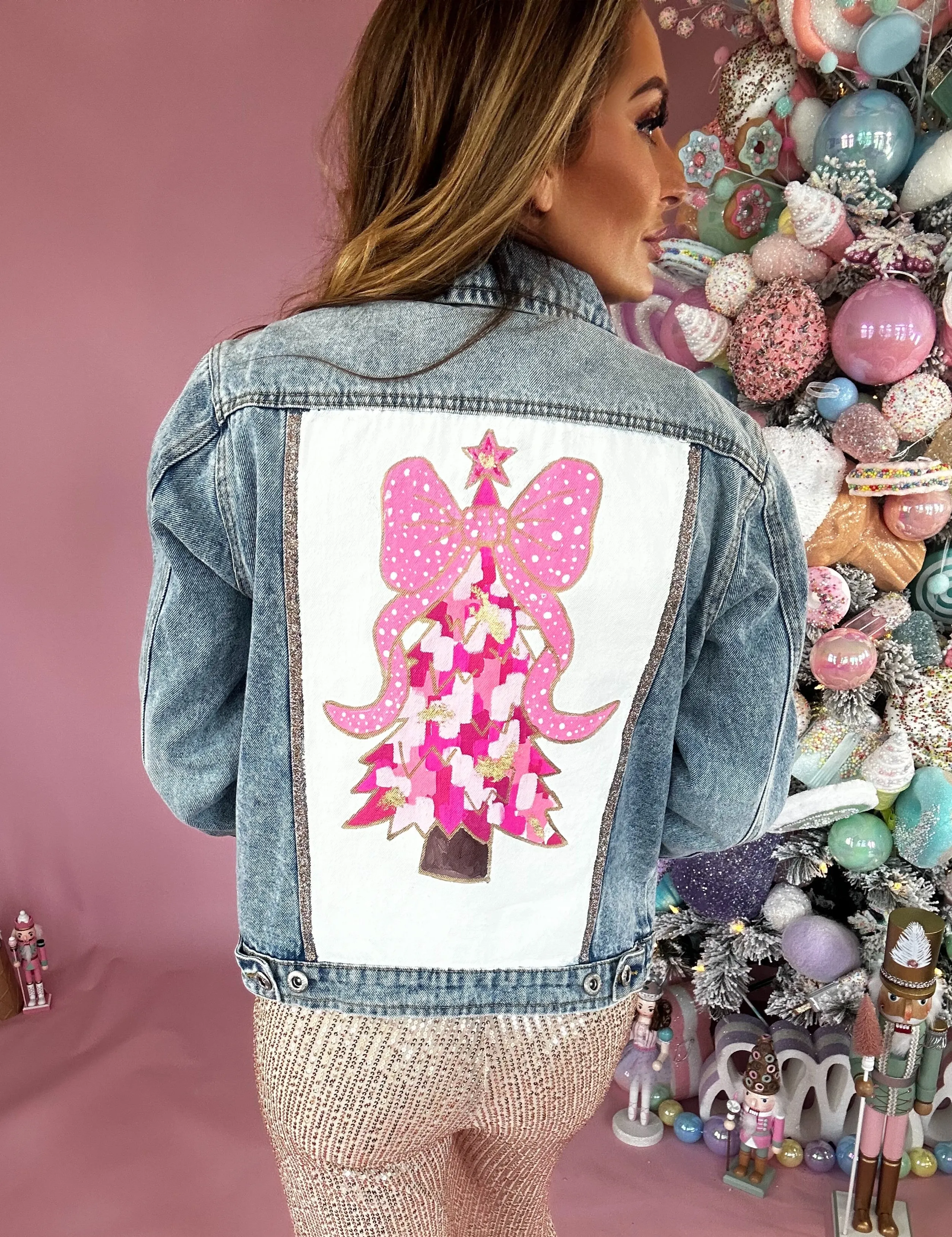Women's Christmas Tree Hand Custom Painted Denim Jacket