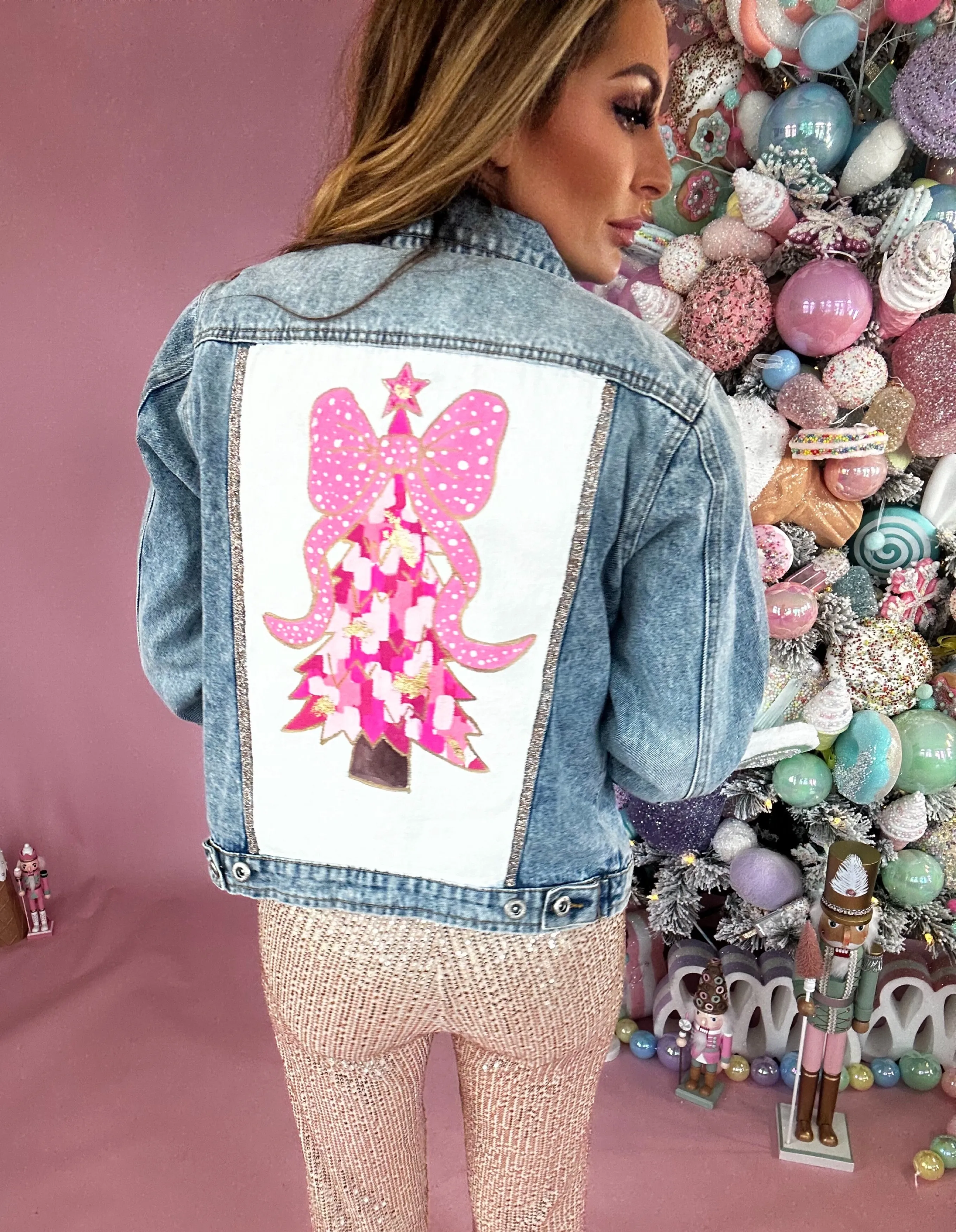 Women's Christmas Tree Hand Custom Painted Denim Jacket