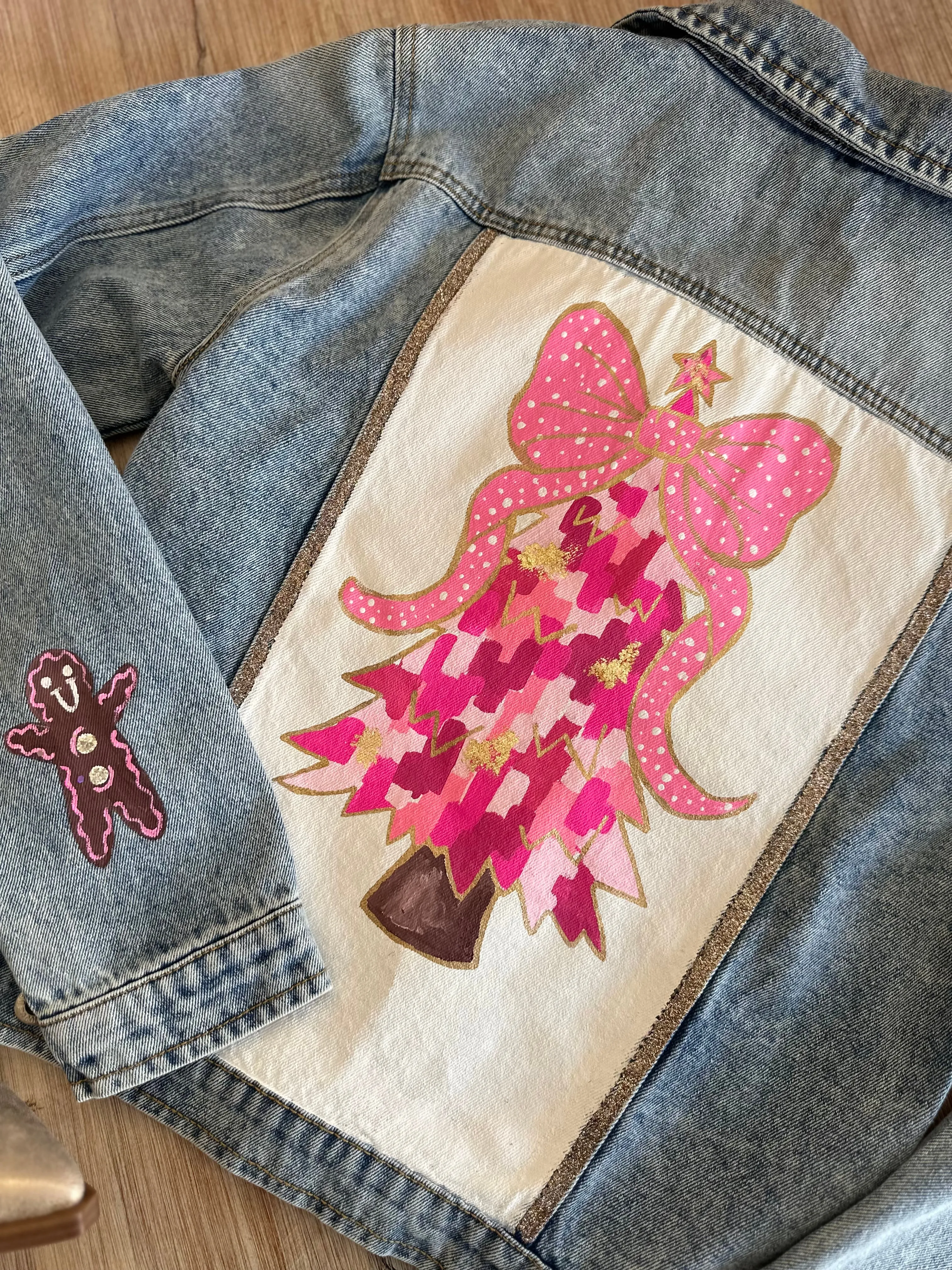 Women's Christmas Tree Hand Custom Painted Denim Jacket