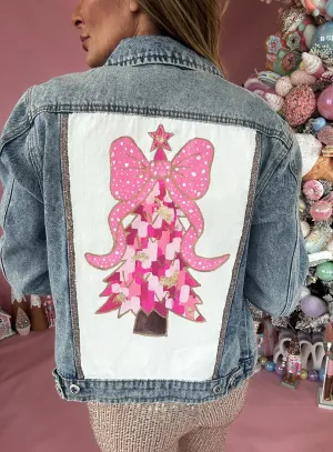 Women's Christmas Tree Hand Custom Painted Denim Jacket