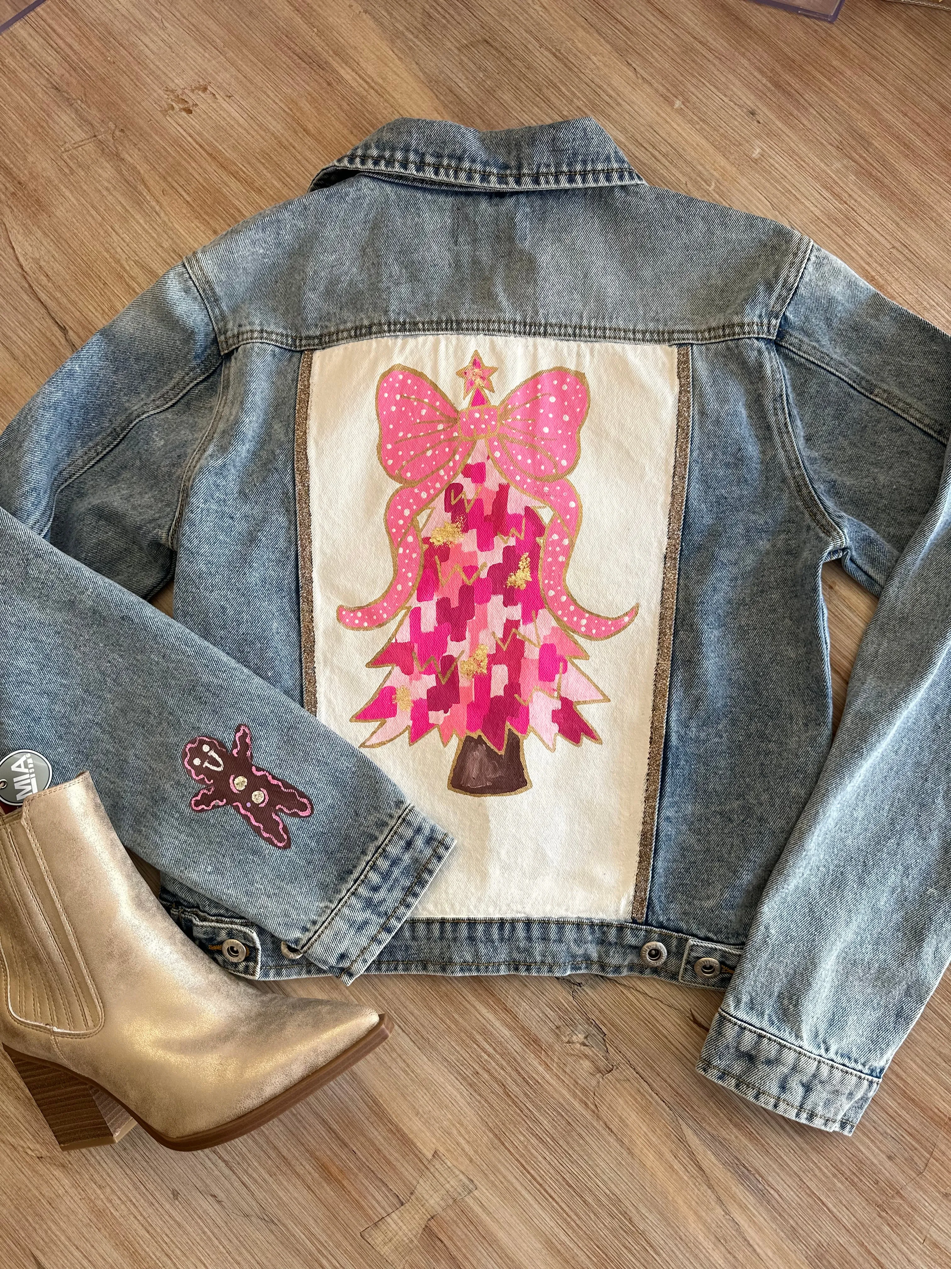 Women's Christmas Tree Hand Custom Painted Denim Jacket